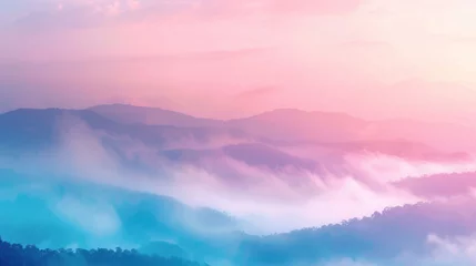 Raamstickers Beautiful landscape pink blue pastel misty morning blur background. AI generated image © atapdesain