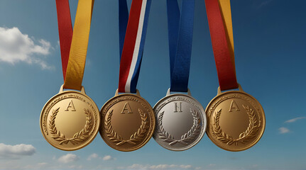 collection gold, silver, bronze medal against blue sky. award and victory concept
.Generative AI