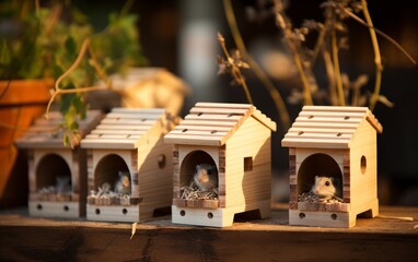 A charming display of small wooden bird houses atop a table - Powered by Adobe