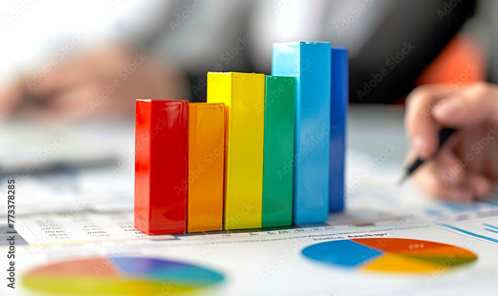 Poster colorful wooden blocks forming a bar graph on financial reports, with human hands using computer in 