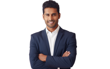 A man stands with arms crossed against a stark white backdrop
