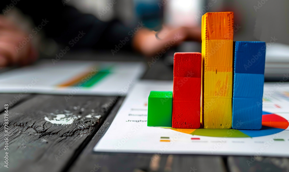 Poster focused analysis of business data with color-coded bar graphs, demonstrating sales performance on an