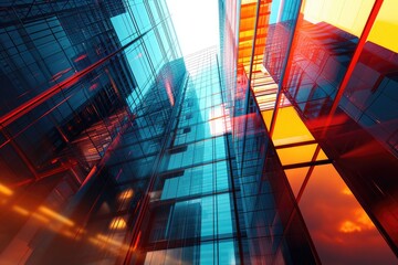 Dynamic cityscape with futuristic skyscrapers, An energetic city skyline dominated by sleek and futuristic skyscrapers.