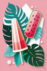 Summer sale banner template, poster or postcard with watermelon, monstera leaves and red popsicle on a botanical background.