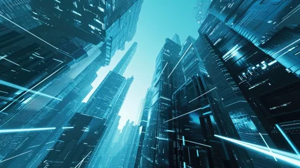 Wandcirkels aluminium Dynamic 3D cityscape with futuristic skyscrapers, A futuristic urban landscape rendered in dynamic 3D, characterized by towering skyscrapers and advanced architectural design. © SaroStock