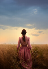 Historical young early american pioneer woman overlooking a vast field. Pink dress and long brunette hair in a ponytail. Vibrant cinematic sky. Pretty young New Englander farmer daughter. Vibrant sky