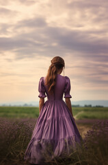 Historical young early american pioneer woman overlooking a vast field. With a purple dress. Sunset sky. Vast bokeh field. Vibrant cinematic sky. Pretty young New Englander farmer daughter. 