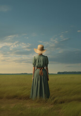 Fototapeta premium Historical young early american pioneer woman overlooking a vast field. Wearing a hat and green dress. Vibrant cinematic sky. Pretty young New Englander farmer daughter. 