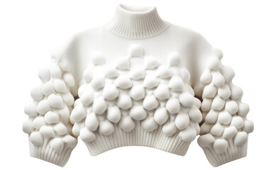 A cozy white sweater adorned with fluffy white balls, resembling a gentle snowfall