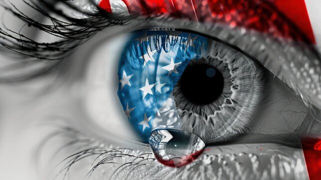 a closeup of an eye painted with the American flag's red, white, and blue colors. One eyelid is wet with tears.