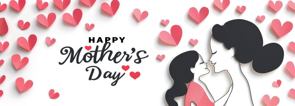 A cute pink paper cut silhouette of a mother and child with floating heart shapes on a white background.