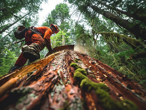 Visualize a logger in the process of felling a towering tree, with the imminent fall of the tree captured in dramatic fashion, underscoring the physical dangers present in the timber industry.