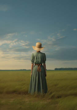 Historical young early american pioneer woman overlooking a vast field. Wearing a hat and green dress. Vibrant cinematic sky. Pretty young New Englander farmer daughter. 