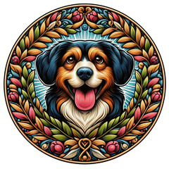 round emblem or logotype of dog for pet store, veterinary clinic, dog show, medal, medallion, animal shelter, internet site about dogs, print on clothes, flag, color tattoo, stiker, patch, poster,
