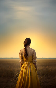 Historical young early american pioneer brunette woman overlooking a vast field wearing yellow skirt and white blouse. Vibrant cinematic sky. Pretty young New Englander farmer daughter. 