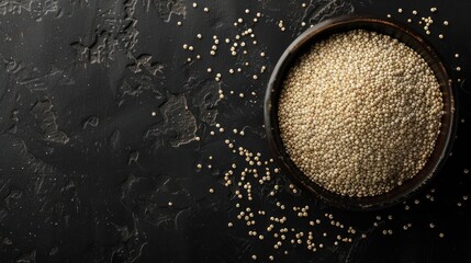 Top view many raw white quinoa seeds on bowl isolated black background. AI generated image