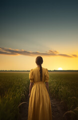 Historical young early american pioneer brunette woman overlooking a vast field wearing yellow dress. Vibrant cinematic sky. Pretty young New Englander farmer daughter. Long ponytail. 