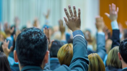 Multi-Ethnic Business Seminar: Rear View of Businesspeople Raising Hands