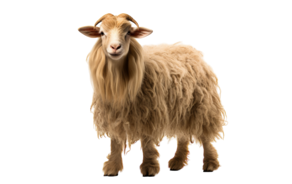 A sheep with long hair posing elegantly in front of a clean white backdrop