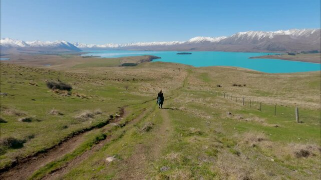 Young woman hiking toward turquoise Lake Tekapo with Southern Alps in New Zealand