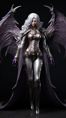 Fototapeta na wymiar girl devil in the hood with horns, long white hair, and large black wings, with bleeding purple eyes, armor dressed, and angry expressions on her face, character fantasy, the devil women