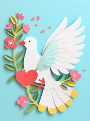 A paper dove with a heart shape perched on a branch