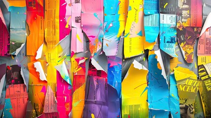 A dynamic, colorful collage created from pieces of torn newspapers with a mix of text, print, and vibrant hues.. Generative AI