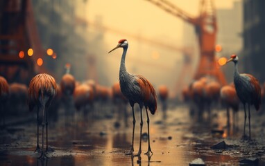 A flock of birds gracefully stand on a rain-soaked street, their reflections shimmering in the wet pavement - obrazy, fototapety, plakaty