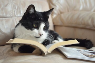 A black and white cat sitting on the sofa holding an open book and reading with focused eyes