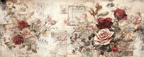 a collage of postcards and flowers, scrapbook page with romantic and nostalgic themes, roses, limited color palette, classic artistry, collage-style composition
