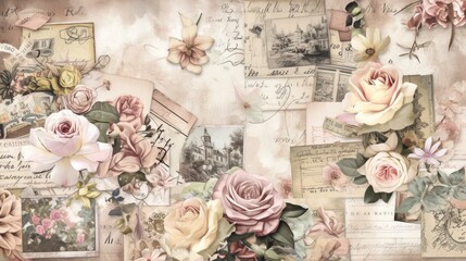 a collage of postcards and flowers, scrapbook page with romantic and nostalgic themes, roses, limited color palette, classic artistry, collage-style composition
