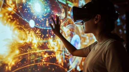 A woman wearing a virtual reality headset stands in front of a large projection screen, engaging in an interactive experience - Powered by Adobe