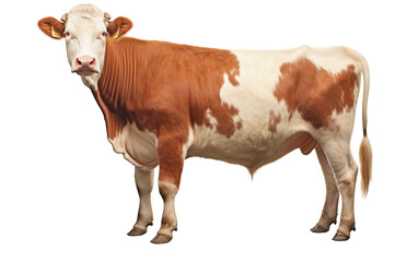 A brown and white cow confidently stands against a stark white background