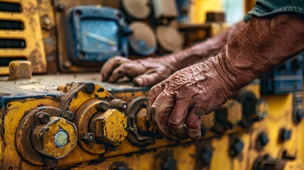 Close-up of hands of a worker concentrating on operating heavy machinery at a construction site - obrazy, fototapety, plakaty