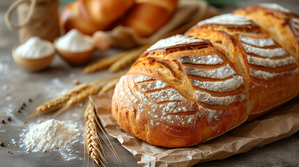 Beautiful  display composition of gourmet bread, flour, grains