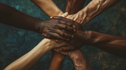 multiracial group with black African American Caucasian and Asian hands holding each other wrist in tolerance unity love and anti racism concept isolated on grunge background - Powered by Adobe