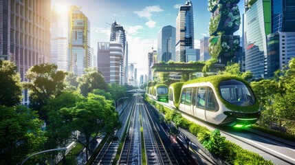 A train moves along tracks surrounded by greenery in a city landscape - obrazy, fototapety, plakaty