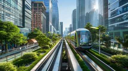 A modern electric train zipping through a busy city street lined with towering buildings