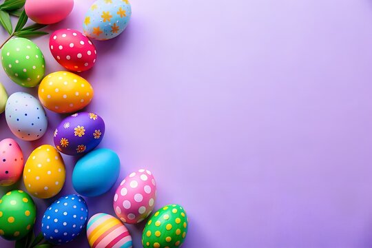 Easter celebration concept. Top view picture of Easter eggs on isolated pastel purple background with copy space.