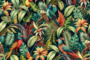 Naklejka premium Indulge in the exotic allure of the Raye print, inspired by the vibrant colors and patterns of tropical birds and foliage, bringing a sense of adventure and excitement to your wardrobe with its bold a