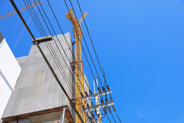 view from the bottom of the installation of electrical transformers and the danger of high voltage...