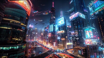 A wide-angle view of a futuristic city at night, illuminated by vibrant neon lights, creating a...