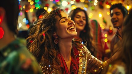 A candid moment captured as a group of people in festive attire stand around each other, engaging in joyful dancing and celebration - obrazy, fototapety, plakaty