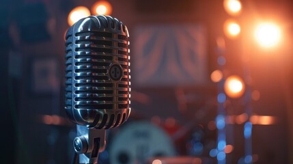 A stylish podcast microphone ready for recording against a backdrop of a professional studio, lit up by bright studio lighting - obrazy, fototapety, plakaty