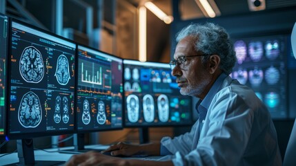 A man sitting in front of a computer monitor, analyzing medical imaging data for research or clinical purposes - obrazy, fototapety, plakaty