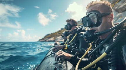 A group of scuba divers getting ready for a dive on a boat in the water