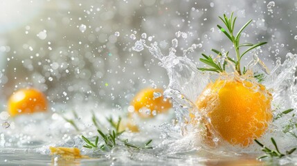An orange fruit splashes into the water, creating ripples on a sunny day, accompanied by rosemary...