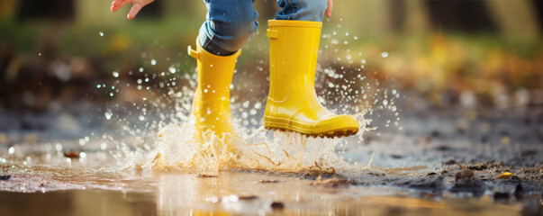 Happy kid splashing in puddles with yellow rubber boots.