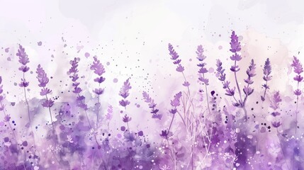 Beautiful lavender flowers watercolor splashes background and invitation wedding card. AI generated