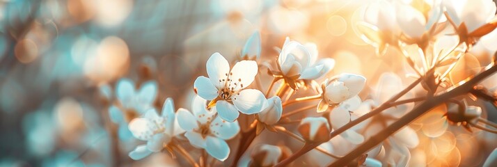 spring white sakura flower branches and sun rays closeup - obrazy, fototapety, plakaty